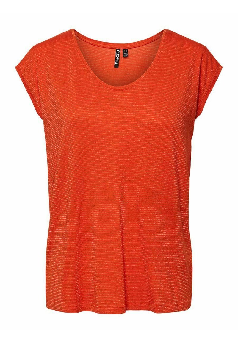 T-shirt di un brillante arancione con scollatura rotonda e maniche corte a cappuccio. Presenta un tessuto testurizzato con sottili strisce metalliche.