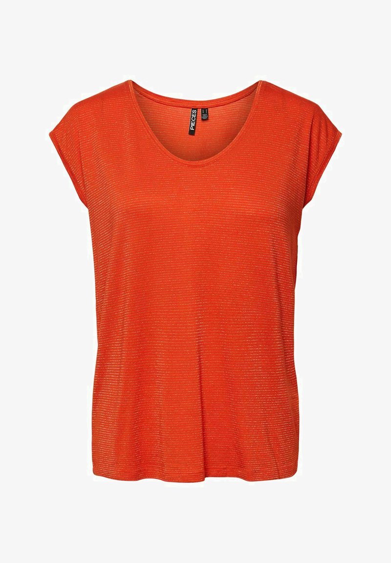 T-shirt di un brillante arancione con scollatura rotonda e maniche corte a cappuccio. Presenta un tessuto testurizzato con sottili strisce metalliche.