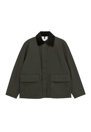 Dark green jacket with a corduroy collar, two large front pockets, and a straight-cut design. Made of durable fabric.
