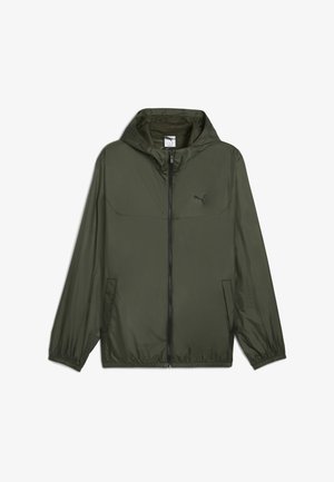 Lekka oliwkowa kurtka z kapturem, z przodu na zamek błyskawiczny, z elastycznymi mankietami i bocznymi kieszeniami. Posiada subtelne logo na piersi.