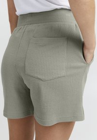 Ljusgröna texturerade shorts i ribbat material, hög midja och sidofickor. Har en enda bakficka utan synlig hårdvara.