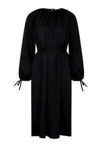 Schwarzes langärmeliges Kleid mit gerafftem Ausschnitt, tailliertem Bindegürtel und Bindedetails an den Bündchen, aus glattem Stoff mit fließender Silhouette.
