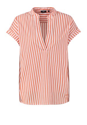 Blusa de manga corta a rayas verticales en naranja y blanco, con escote en V y cuello mandarín, corte holgado y aberturas laterales.