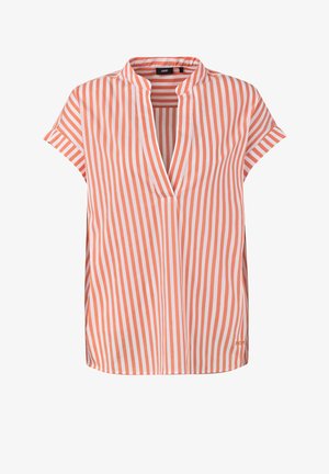 Oranje-wit verticale gestreepte blouse met korte mouwen, V-hals en mandarijnkraag, losse pasvorm en zijsplitten.