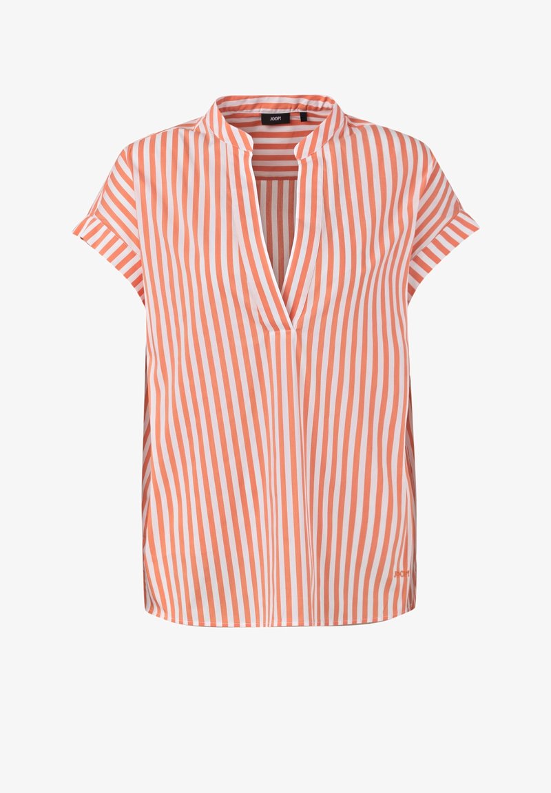 Blouse à manches courtes rayée verticalement orange et blanche, avec un col en V et un col mandarin, coupe ample et fentes latérales.