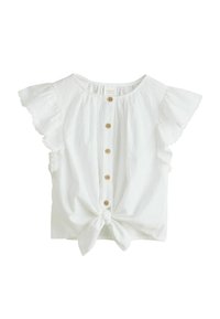 Balts īsroku krekls ar volānu piedurknēm, priekšā ar pogu aizdari un mezglotu apakšu. Izgatavots no viegla auduma ar teksturētu detaļu.