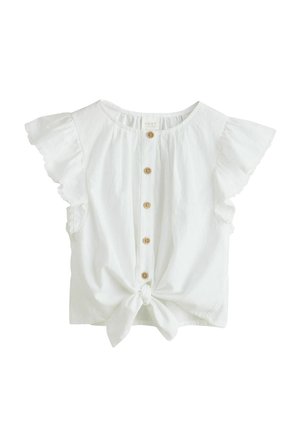 Weißes kurzärmeliges Oberteil mit Rüschenärmeln, Knopfverschluss vorne und geknotetem Saum. Hergestellt aus leichtem Stoff mit strukturierter Detailverarbeitung.