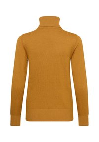 Pull à col roulé jaune moutarde à manches longues vu de dos avec poignets et ourlet côtelés.