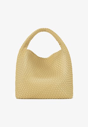 Borsa a tracolla gialla intrecciata con manico curvo e forma non strutturata. La superficie testurizzata presenta un motivo a incrocio.