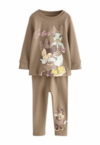 Brązowy zestaw piżamowy z bawełny, składający się z długich rękawów i legginsów, ozdobiony nadrukami postaci Minnie i Daisy w wzory lamparta.