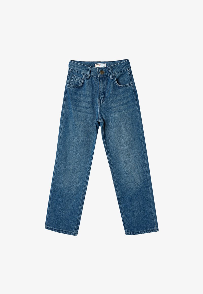 Lasten siniset farkut, suora lahje, viisi taskua, napin kiinnitys, keskikokoinen pesu kevyellä haalistumisella ja ilman näkyviä kuvioita.