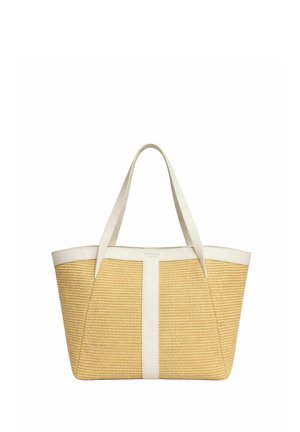 Borsa tote beige intrecciata con rifiniture e manici in pelle bianca, forma rettangolare, design spazioso per trasportare l'essenziale.