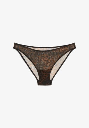 Sheer bikini-style underwear with a brown and black leopard print and delicate black trim on a white background.
