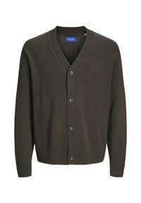 Cardigan verde scuro con scollatura a V, polsini e orlo a coste. Dotato di cinque grandi bottoni sul davanti e di una fodera interna texturizzata.