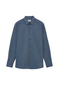Blaues Langarmhemd mit subtiler Textur, Button-Down-Kragen und Knöpfen auf der Vorderseite. Taillierte Passform mit abgerundetem Saum.