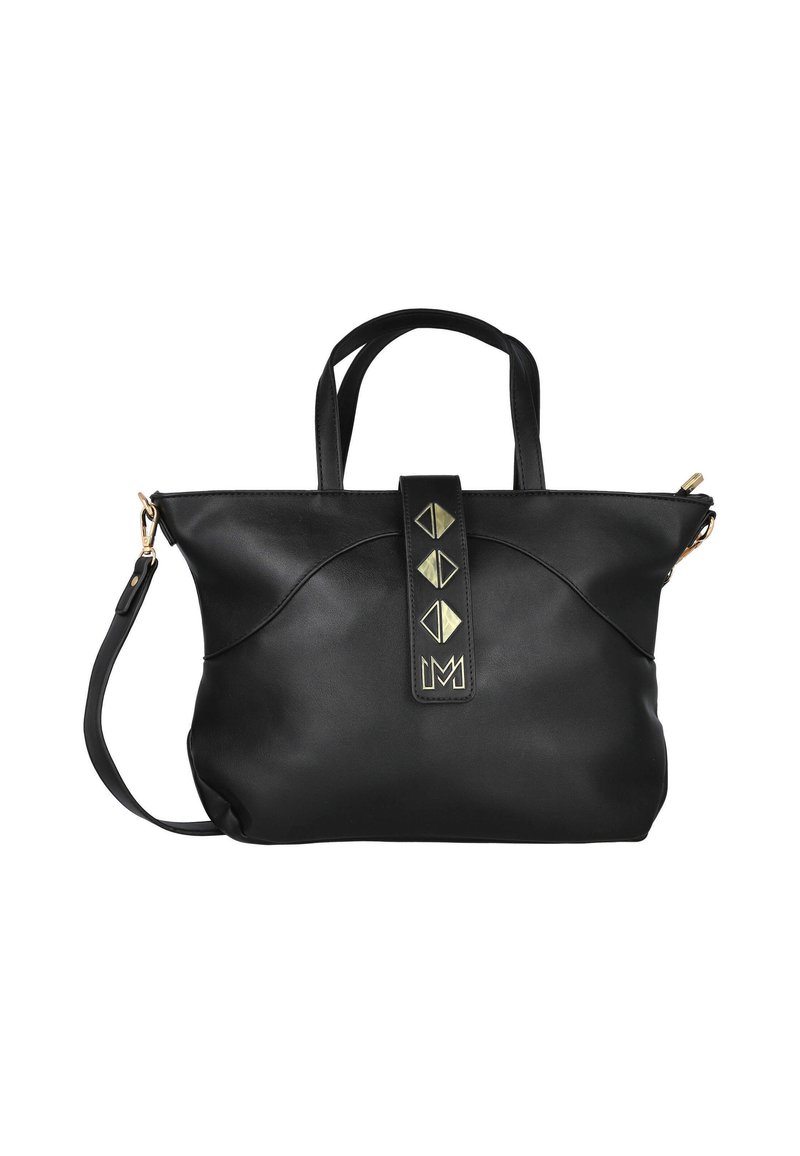 Bolso Tote de cuero negro con doble asa y una correa de hombro extraíble. Presenta un destacado acento de hardware en tono dorado en la correa.