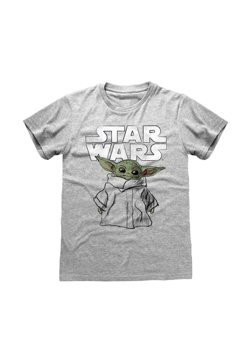 Grå kortærmet t-shirt med et stort "STAR WARS" logo og en illustration af en karakter med grøn hud og store ører iført en hvid kappe.
