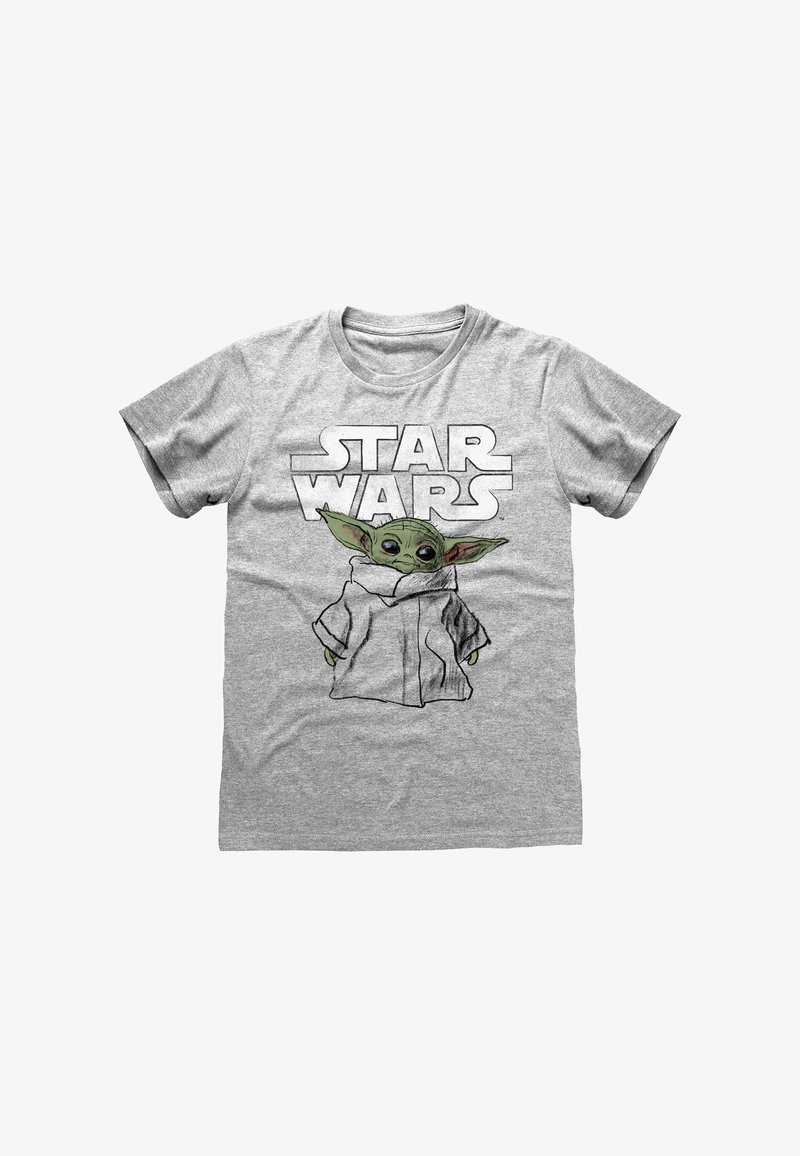 Grå kortærmet t-shirt med et stort "STAR WARS" logo og en illustration af en karakter med grøn hud og store ører iført en hvid kappe.