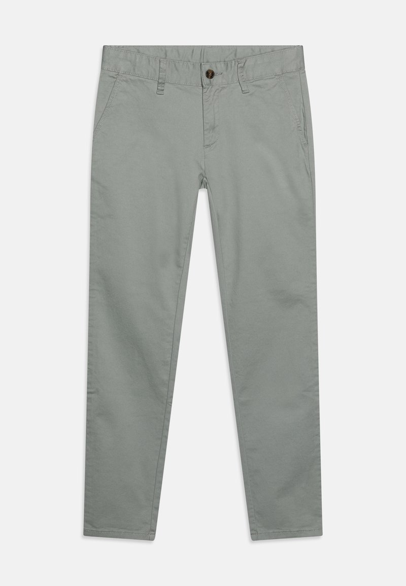 Pantalon gris clair à jambes droites avec poches avant, passants de ceinture et fermeture à bouton, présenté sur un fond blanc.