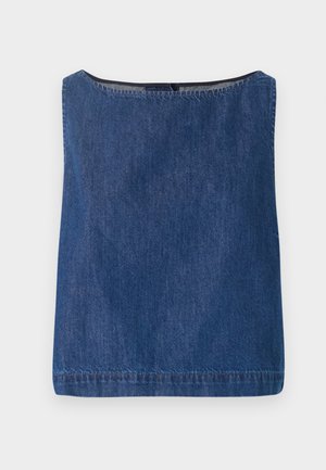 Denim-topp med firkantet utrigning og uten ermer. Mørk blå farge, ren finish med synlige sømmer og en litt strukturert overflate.
