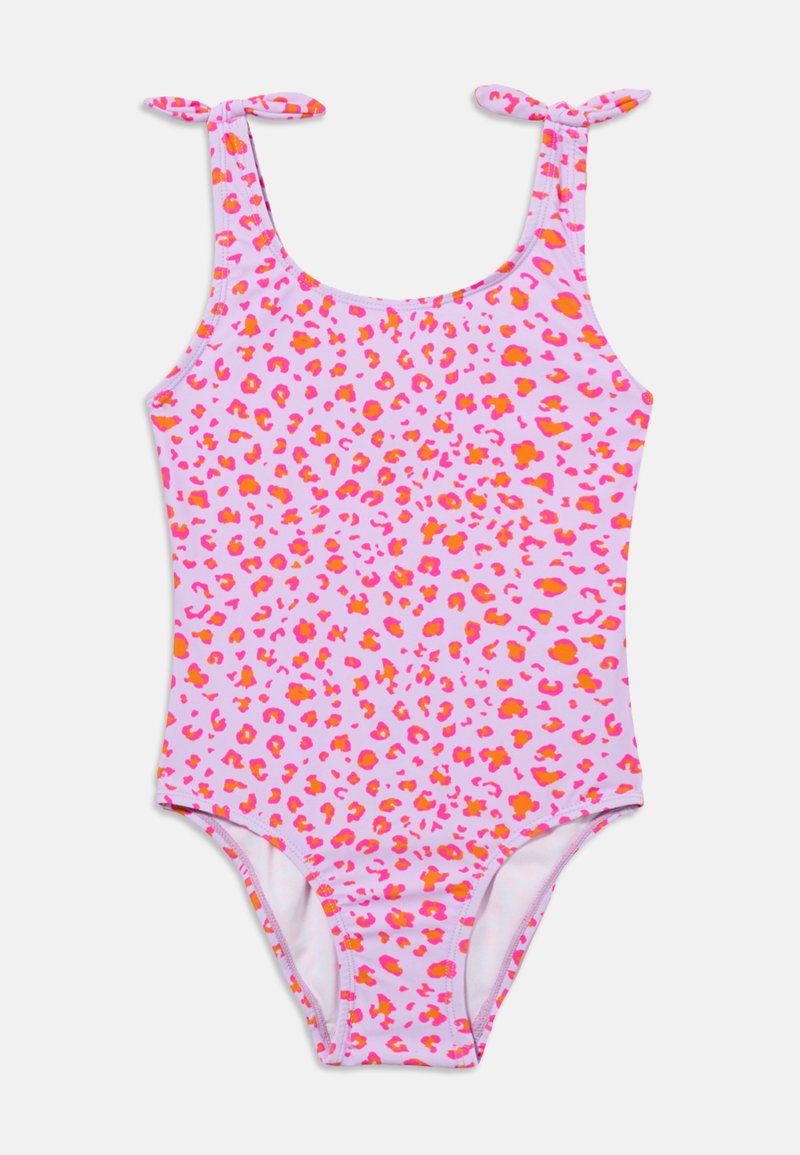 Costume intero rosa con stampa leopardata arancione e rossa, caratterizzato da spalline annodate.
