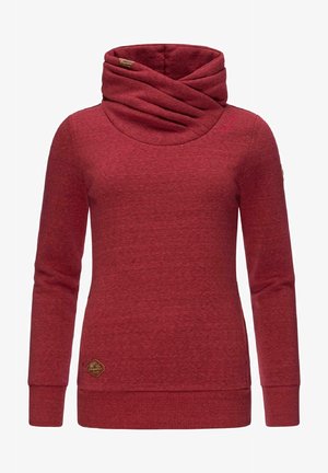 Suéter rojo de manga larga con cuello alto ancho y doblado, y puños y dobladillo de canalé, que presenta pequeños logotipos en el pecho y en el lado inferior.