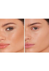 Close-up of two faces side by side. Left: glossy lips, bronzed complexion, shimmery eyeshadow. Right: natural finish, matte skin, no makeup visible.