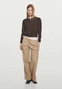 Cardigan marrone con scollo rotondo, chiusura a bottoni e maniche lunghe, indossato sopra una camicia bianca. Abbinato a pantaloni beige a pieghe.