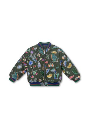 Groene bomberjack met kleurrijke cartoonborduursels, gewatteerde textuur, geribde manchetten en kraag, en een rits aan de voorkant.
