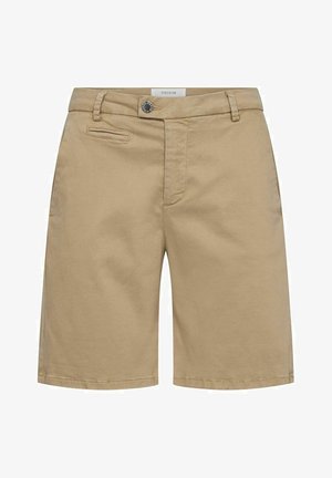 Beige bombažne kratke hlače s ravnim sprednjim delom, zankami za pas in eno sprednjo žepom. Imajo gumb za zapiranje in stikano obrobo.