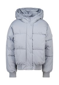 Helle graue gepolsterte Jacke mit Kapuze, Frontreißverschluss, der von Druckknöpfen verdeckt wird, und gerippten Bündchen und Saum.