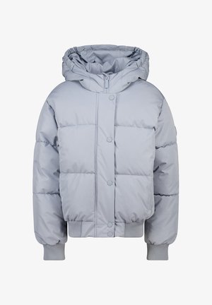 Helle graue gepolsterte Jacke mit Kapuze, Frontreißverschluss, der von Druckknöpfen verdeckt wird, und gerippten Bündchen und Saum.