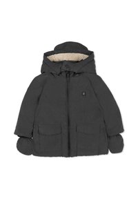 Giacca a vento grigia scura con cappuccio, caratterizzata da un morbido rivestimento in pile chiaro, chiusura con zip frontale e due tasche applicate sul fronte.