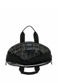 Sac de voyage noir avec double poignées, fermeture éclair. L'intérieur présente une doublure grise à motifs avec des accents de logo et plusieurs compartiments.