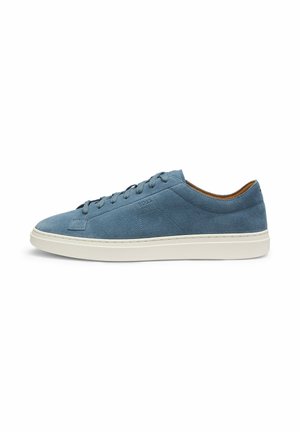 Blue suede low-top sneaker with lace-up front and white rubber sole, side view on white background.