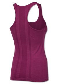 Purple tank top featuring a smooth texture, racerback design, and vertical striped patterns in a slightly darker shade.