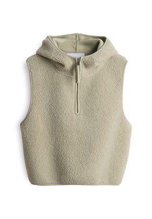 Fleece-Weste in sanftem Beige mit einem Reißverschluss vorne und einer Kapuze. Ärmelloses Design und strukturierter Stoff bieten Wärme und Komfort.