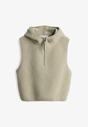 Fleece-Weste in sanftem Beige mit einem Reißverschluss vorne und einer Kapuze. Ärmelloses Design und strukturierter Stoff bieten Wärme und Komfort.