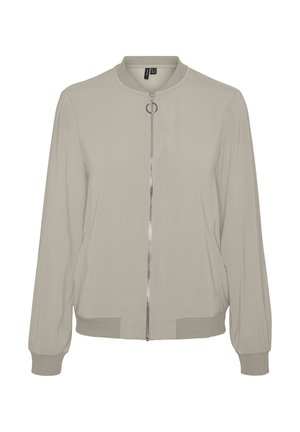 Veste bomber zippée gris clair avec un col rond, des poignets élastiques et des poches latérales. Fabriquée dans un tissu lisse et légèrement brillant.