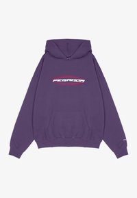 Fialová mikina s kapucí, přední kapsou, dlouhými rukávy a šňůrkou na kapuci. Na hrudi je logo "PEGADOR" v bílé a tmavě červené barvě.