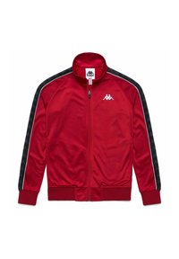 Giacca da track in poliestere rossa con pannelli laterali a strisce nere e bianche, chiusura con cerniera, collo alto e logo Kappa sul petto.