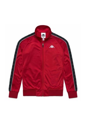 Giacca da track in poliestere rossa con pannelli laterali a strisce nere e bianche, chiusura con cerniera, collo alto e logo Kappa sul petto.