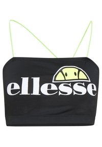Top court noir avec fines bretelles vert néon, arborant un grand logo "ellesse" blanc et un accent graphique jaune. Tissu lisse et extensible.