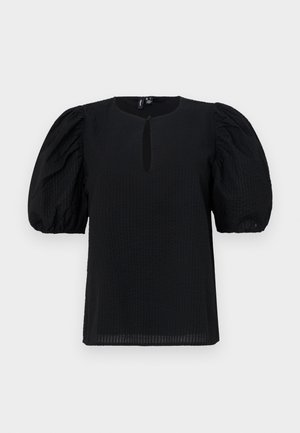 Schwarze Bluse mit puffähnlichen Ärmeln, rundem Ausschnitt und einem kleinen Schlitzdetail vorne. Texturiertes Material mit dezentem Karomuster.
