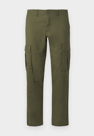 Pantalons cargo vert olive en coton, dotés de plusieurs poches latérales, de jambes droites et d'une fermeture à bouton à la taille.