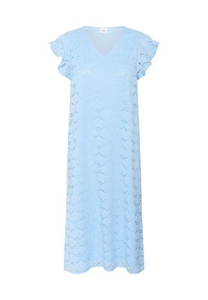 Vestito corto azzurro a maniche corte con scollatura a V, motivo a texture scallop e vestibilità ampia fino alla caviglia. Realizzato in un tessuto morbido e traspirante.