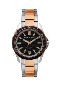 Orologio Armani Exchange con quadrante nero, cinturino in metallo acciaio e oro rosa, lunetta ottagonale, superficie texturizzata e display della data alle 6.