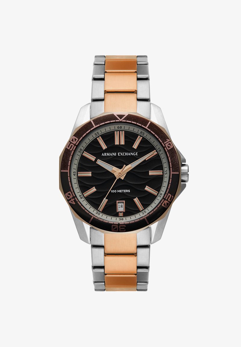 Orologio Armani Exchange con quadrante nero, cinturino in metallo acciaio e oro rosa, lunetta ottagonale, superficie texturizzata e display della data alle 6.