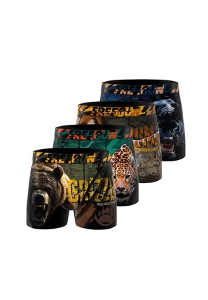 Quatre paires de boxer avec des motifs d'animaux, montrant un ours rugissant, un léopard, un lion et une panthère noire, chacun avec le logo "FREEGUN".
