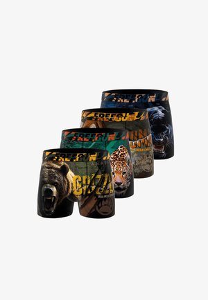 Quatre paires de boxer avec des motifs d'animaux, montrant un ours rugissant, un léopard, un lion et une panthère noire, chacun avec le logo "FREEGUN".